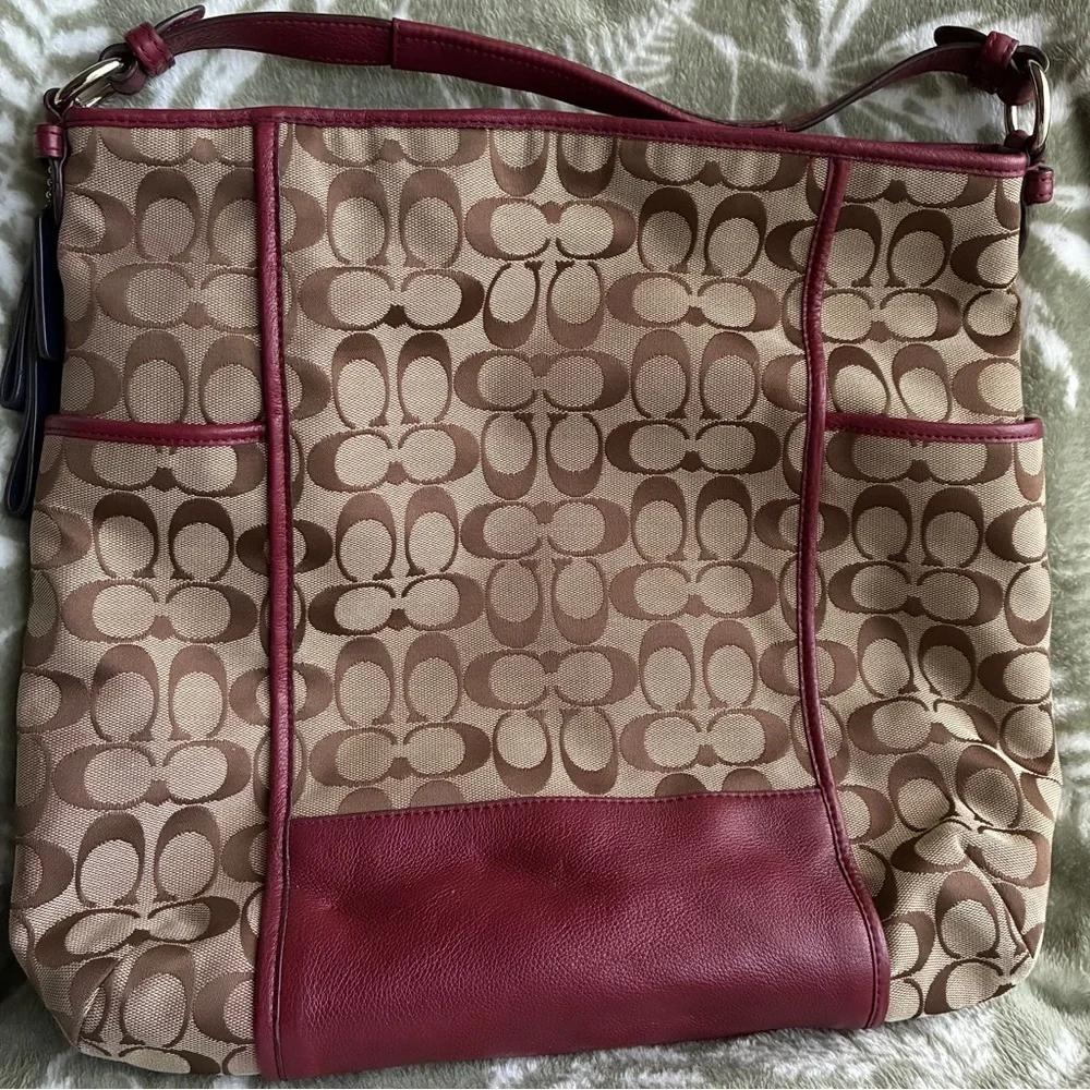 Coach Beige Signature Canvas Tote with Cherry Trim